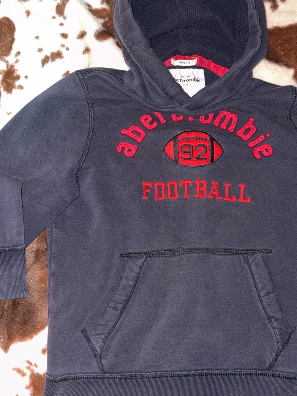 Vintage Y2K Abercrombie & Fitch Kids Navy Hoodie with Red Football Graphic